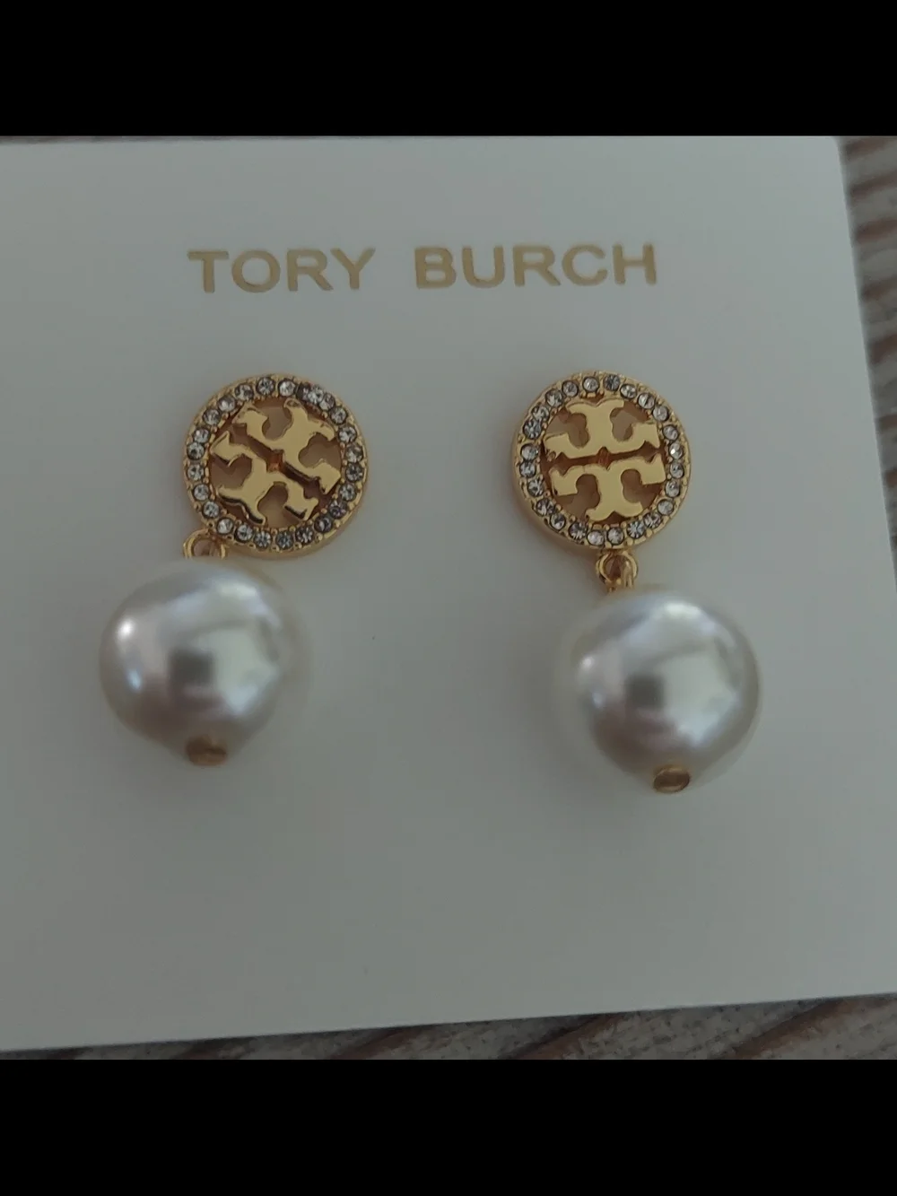 Tory Burch Gold Logo Pearl Drop Earrings with Crystal Halo